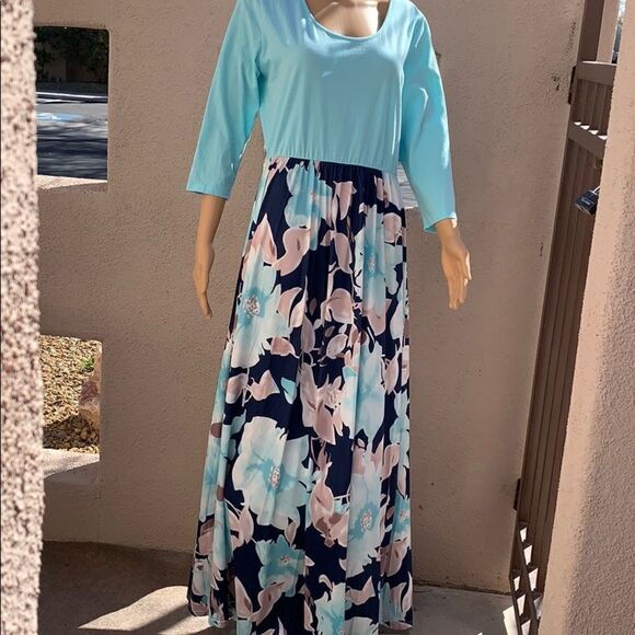 Women’s 3/4 Sleeve Blue Pink Floral Spring Summer Maxi Dress Large 3/4 Sleeves - Picture 1 of 10